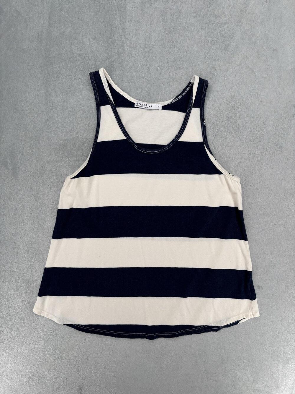 Stateside Distressed Blue + White Striped Muscle Tank Top Women’s Size M
